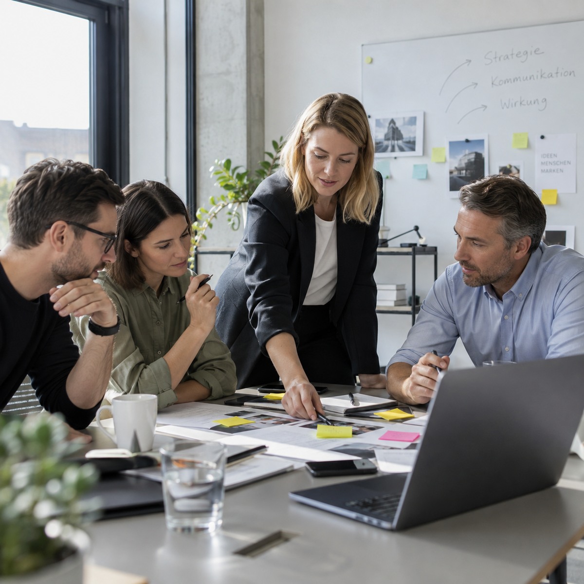 Team bei einer gemeinsamen kreativen Planung mit Notizen und Laptop
